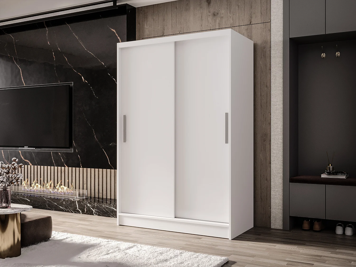 Zweitüriger Schiebeschrank MESA M1 Weiß mit Regalböden und Kleiderstange