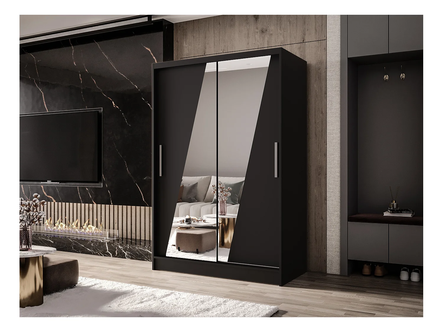 Zweitüriger Schiebeschrank mit Spiegel MESA M8 Schwarz mit Regalböden und Kleiderstange