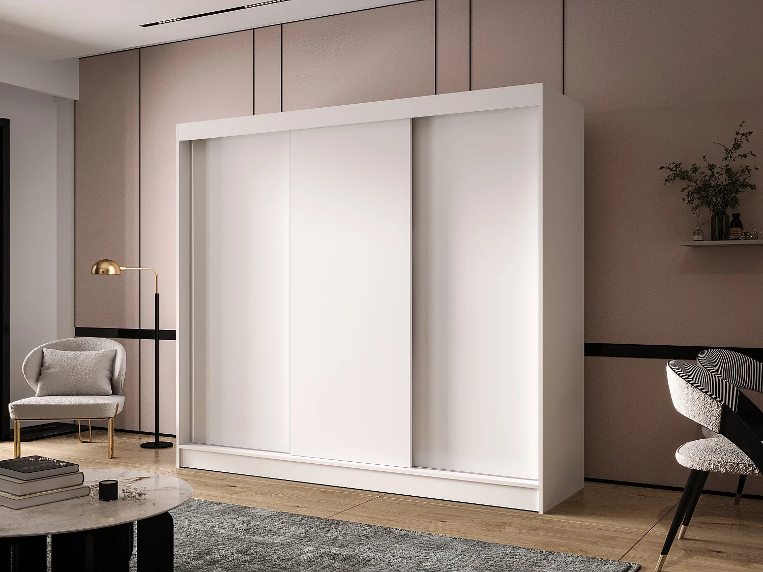 Dreitüriger Schiebeschrank DALLAS DY2, Regalböden und Kleiderstange (Weiß)