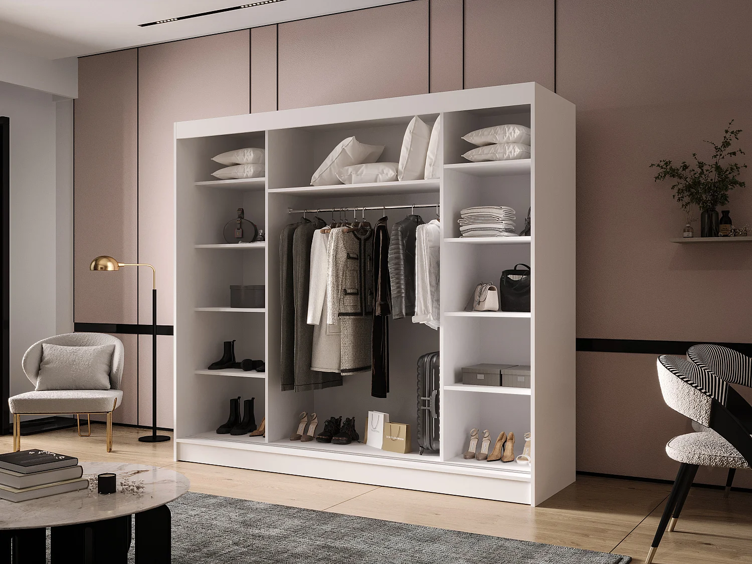 Dreitüriger Schiebeschrank DALLAS DY2, Regalböden und Kleiderstange (Weiß)