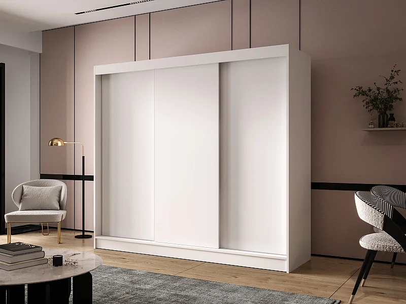 Dreitüriger Schiebeschrank DALLAS DY2, Regalböden und Kleiderstange (Weiß)