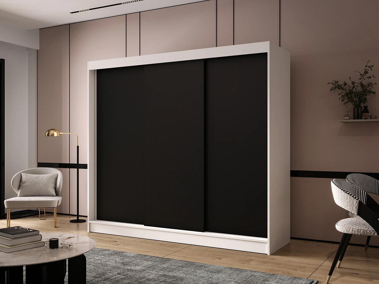 Dreitüriger Schiebeschrank DALLAS DY2, Regalböden und Kleiderstange (Weiß/Schwarz)