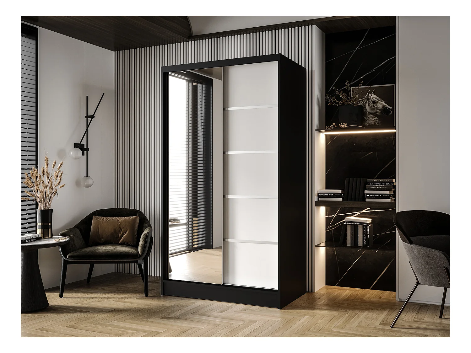 Zweitüriger Schiebeschrank mit Spiegel DETROIT D3, Regalböden und Kleiderstange (Schwarz/Weiß)