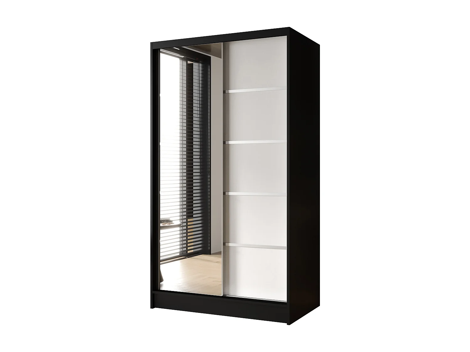 Zweitüriger Schiebeschrank mit Spiegel DETROIT D3, Regalböden und Kleiderstange (Schwarz/Weiß)