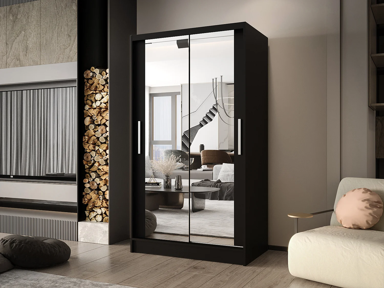 Zweitüriger Schiebeschrank mit Spiegel CHICAGO CA7, Regalböden und Kleiderstange (Schwarz)