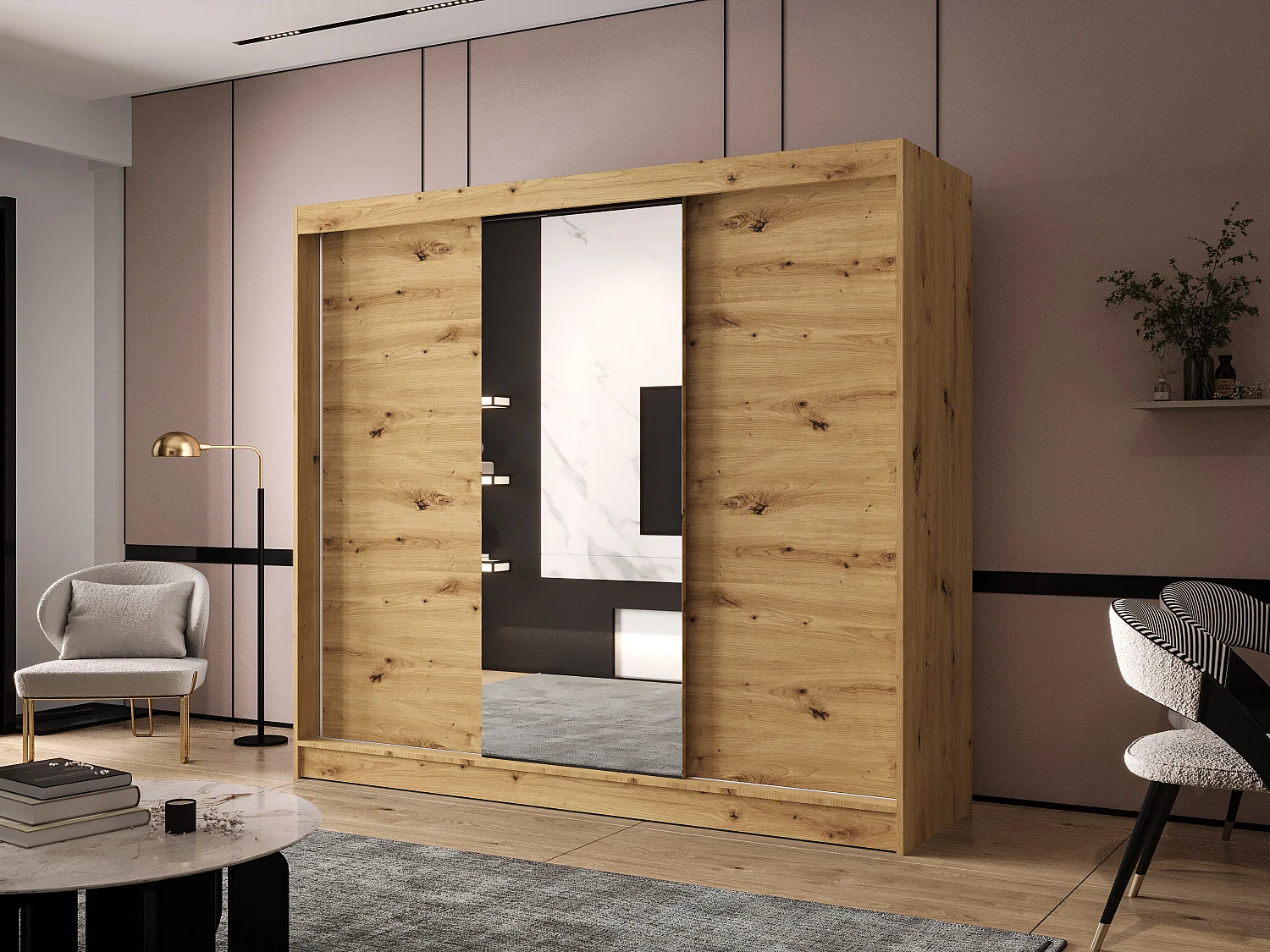 Dreitüriger Schiebeschrank mit Spiegel DALLAS DY1, Regalböden und Kleiderstange (Artisan)