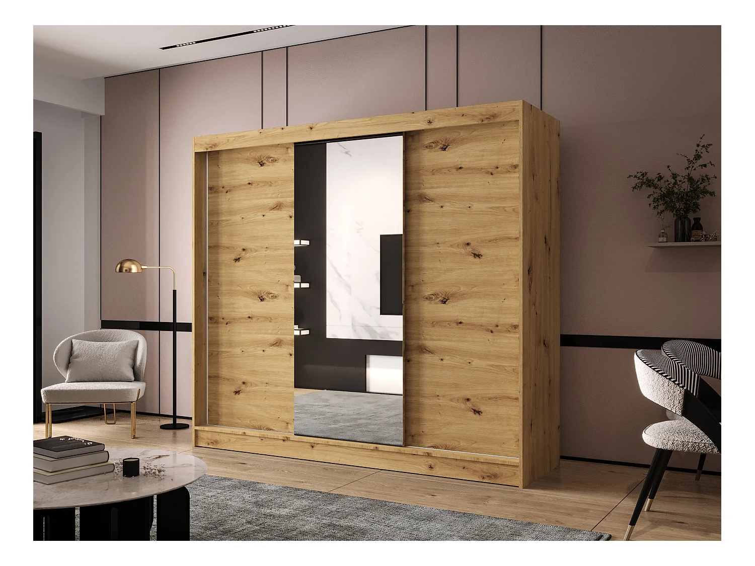 Dreitüriger Schiebeschrank mit Spiegel DALLAS DY1, Regalböden und Kleiderstange (Artisan)