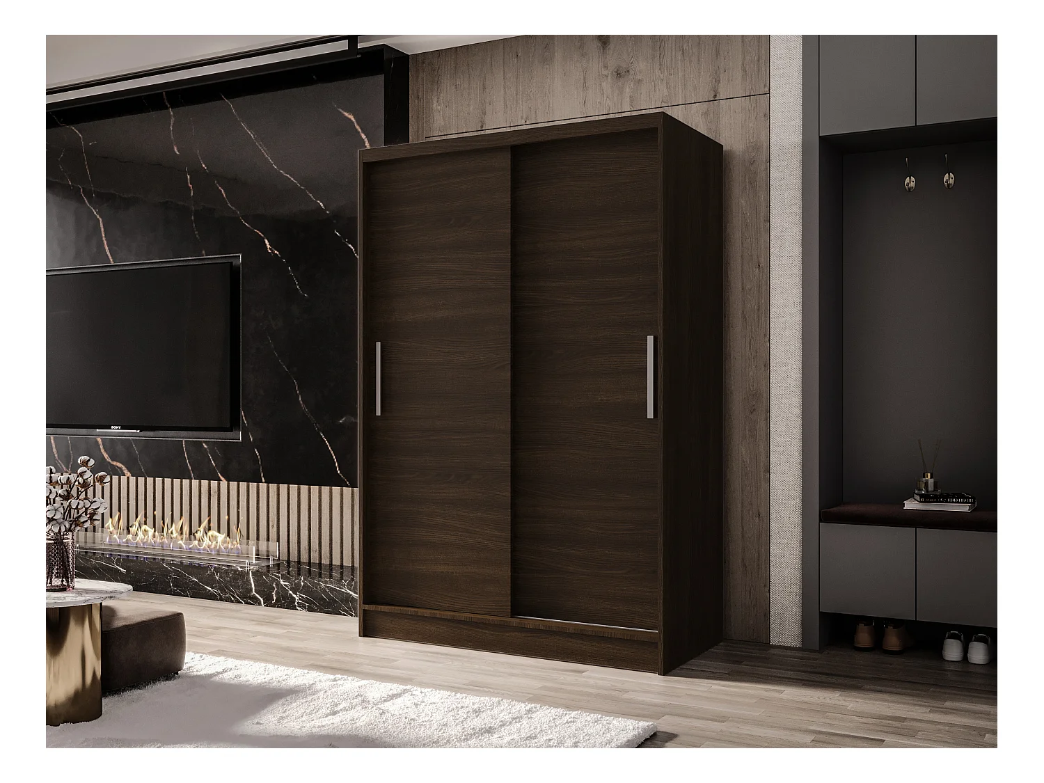 Zweitüriger Schiebeschrank MESA M1 Schwarz mit Regalböden und Kleiderstange