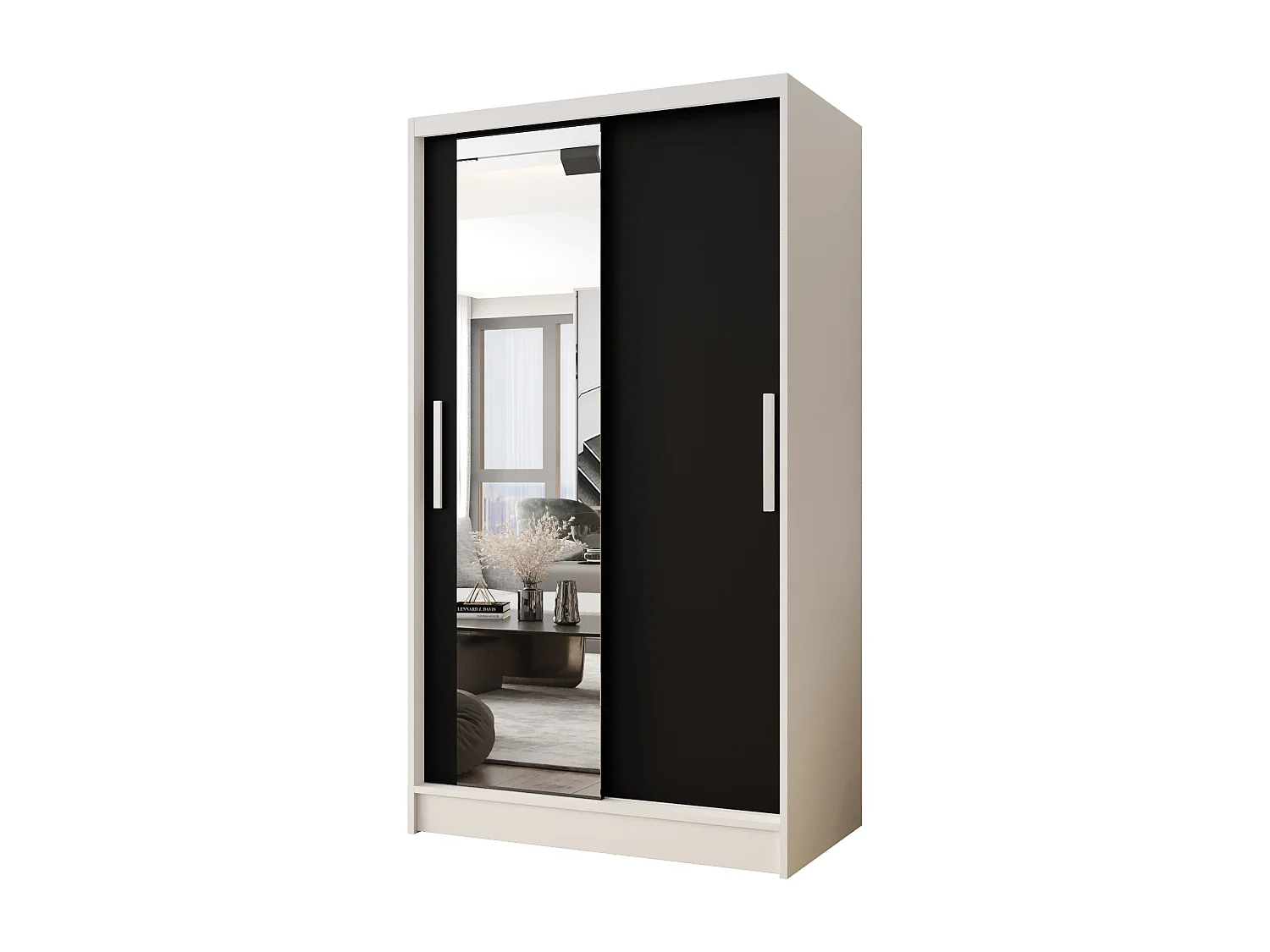 Zweitüriger Schiebeschrank mit Spiegel CHICAGO CA6, Regalböden und Kleiderstange (Weiß/Schwarz)