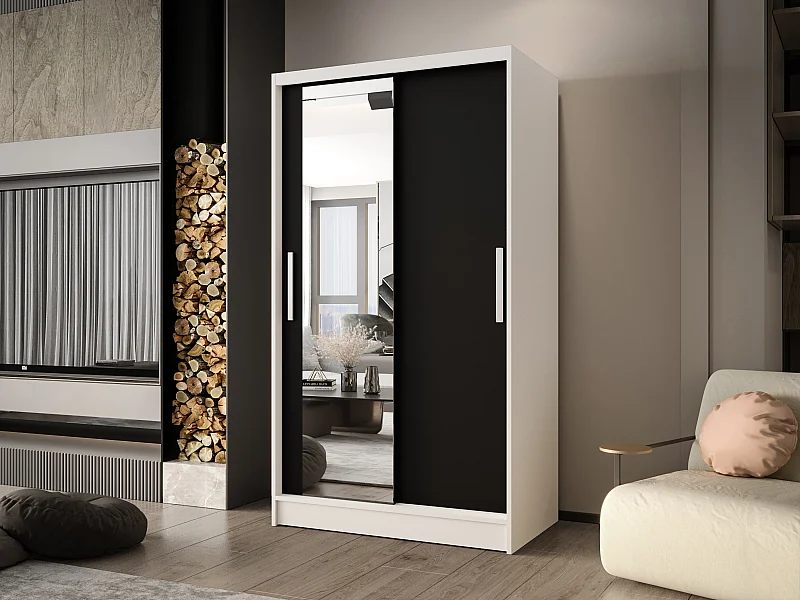 Zweitüriger Schiebeschrank mit Spiegel CHICAGO CA6, Regalböden und Kleiderstange (Weiß/Schwarz)