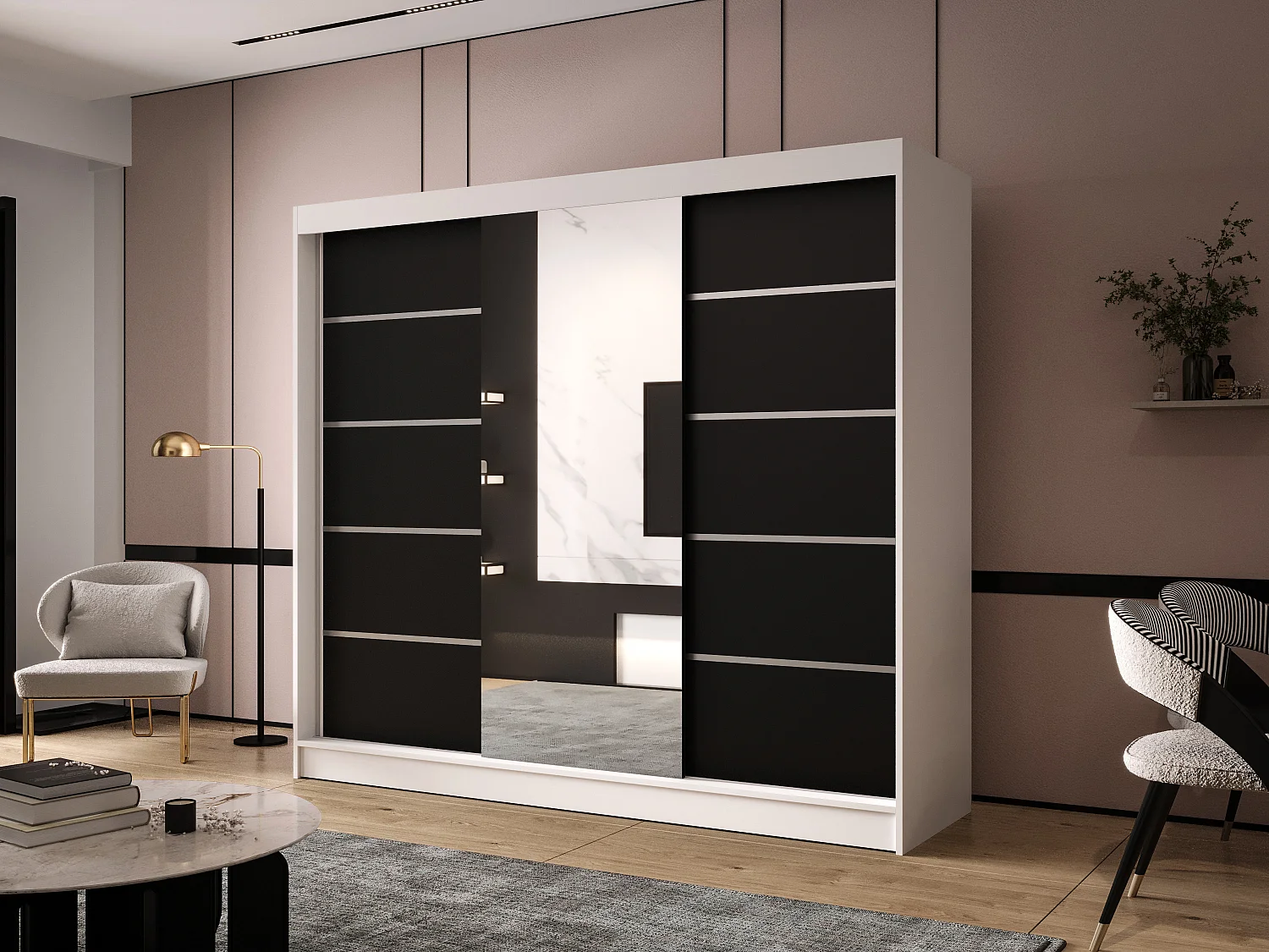 Dreitüriger Schiebeschrank mit Spiegel DALLAS DY6, Regalböden und Kleiderstange (Weiß/Schwarz)