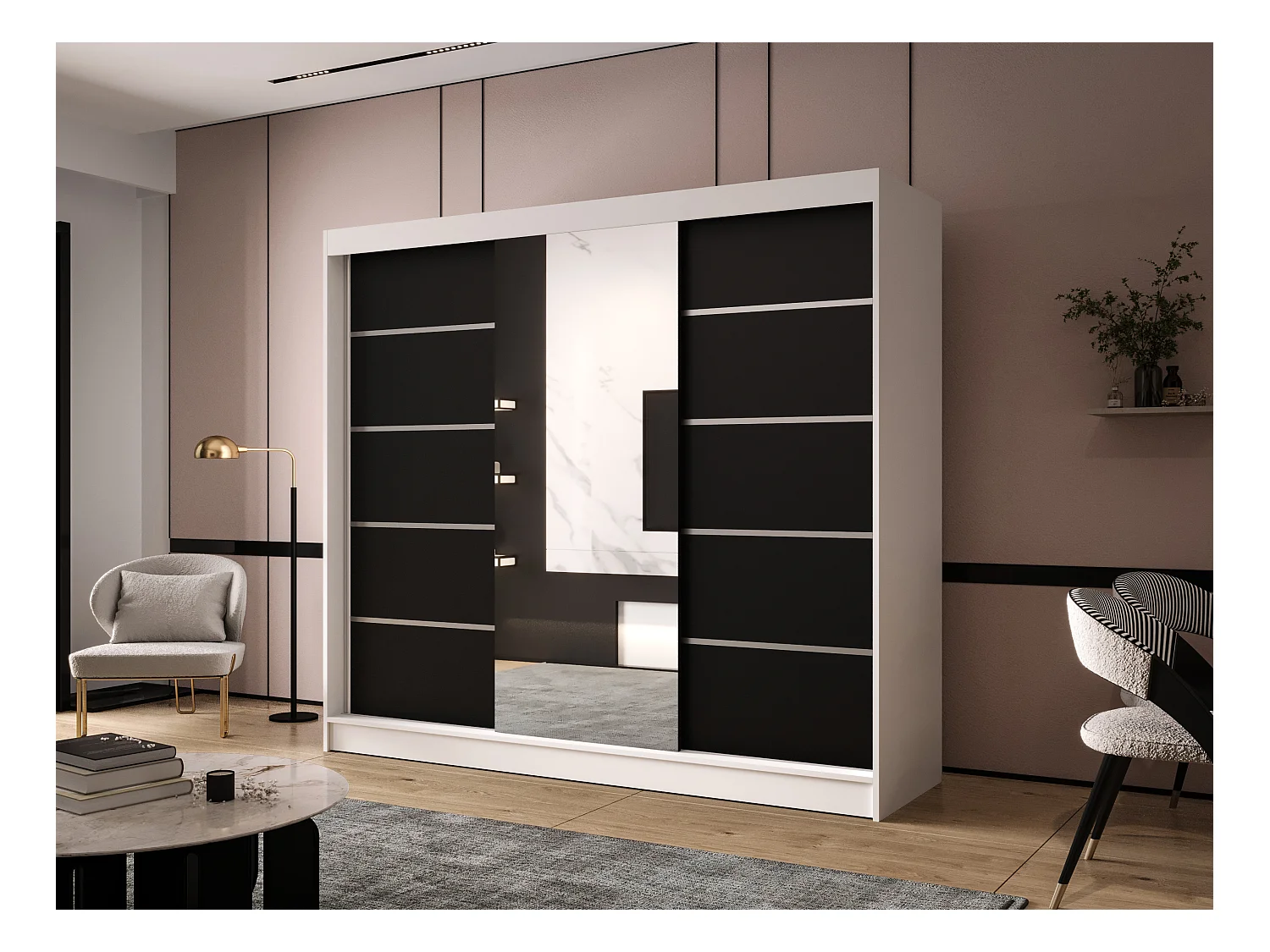Dreitüriger Schiebeschrank mit Spiegel DALLAS DY6, Regalböden und Kleiderstange (Weiß/Schwarz)