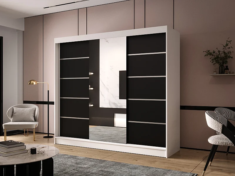 Dreitüriger Schiebeschrank mit Spiegel DALLAS DY6, Regalböden und Kleiderstange (Weiß/Schwarz)