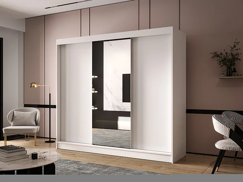Dreitüriger Schiebeschrank mit Spiegel DALLAS DY1, Regalböden und Kleiderstange (Weiß)