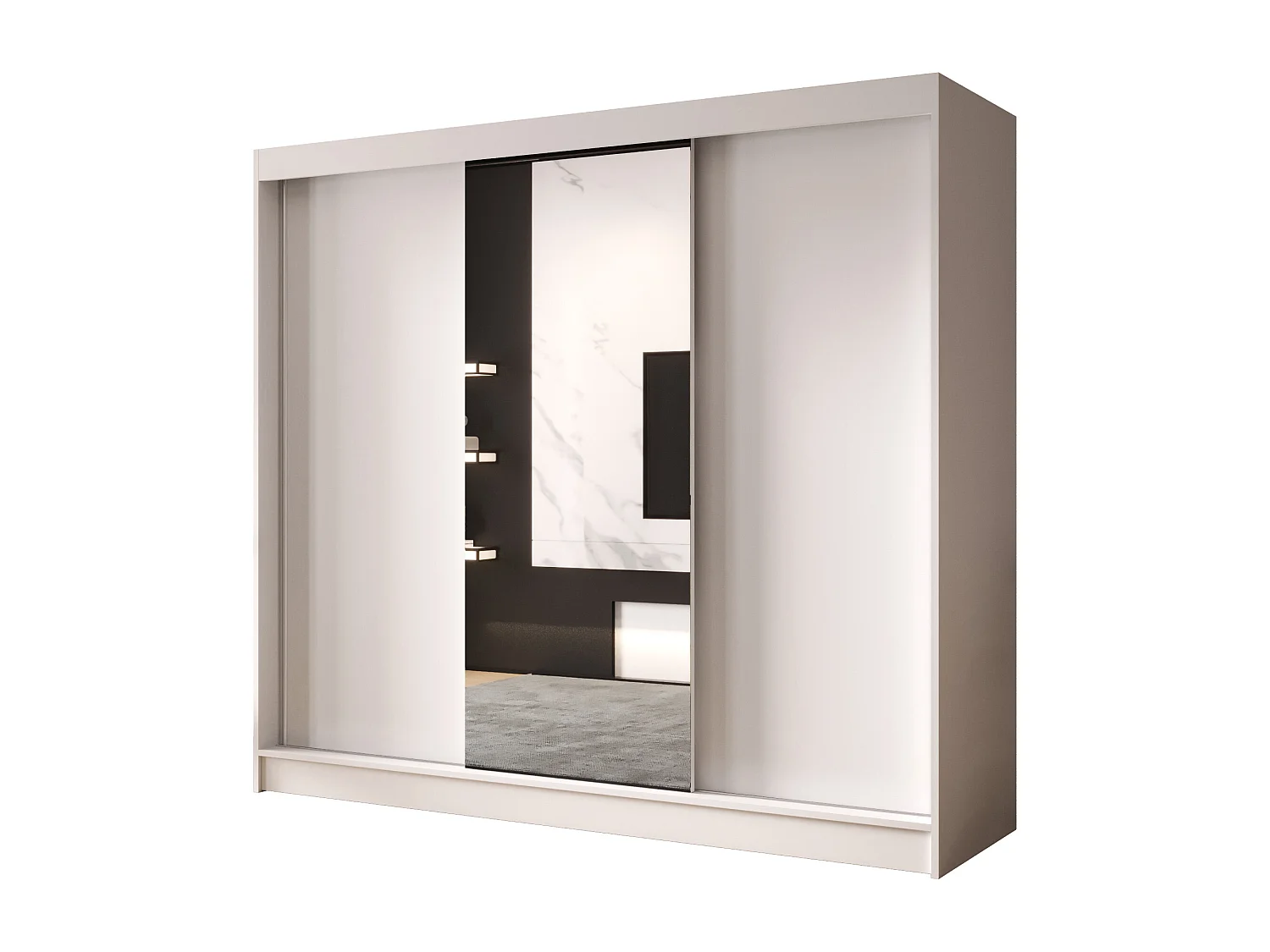 Dreitüriger Schiebeschrank mit Spiegel DALLAS DY1, Regalböden und Kleiderstange (Weiß)