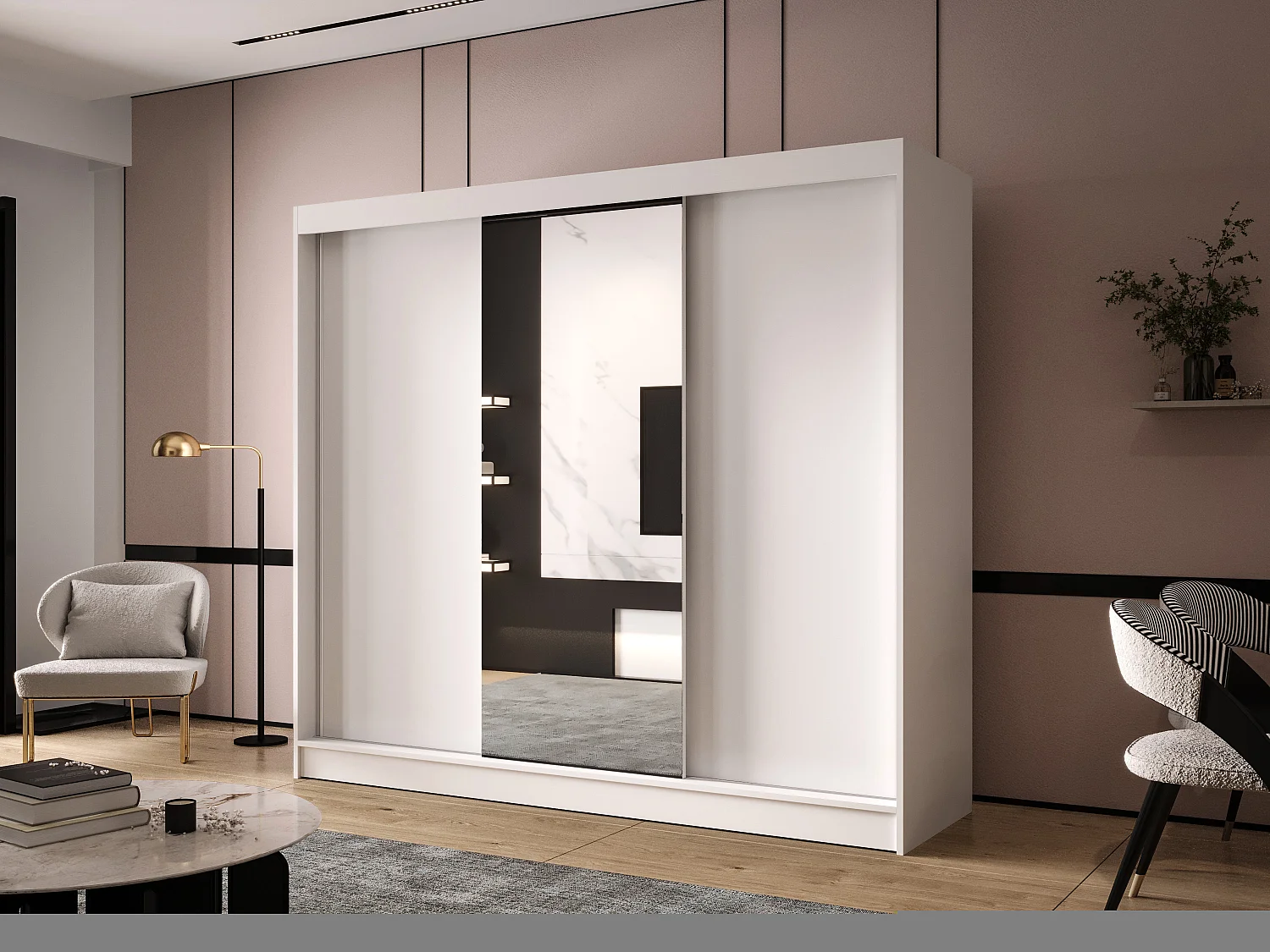 Dreitüriger Schiebeschrank mit Spiegel DALLAS DY1, Regalböden und Kleiderstange (Weiß)