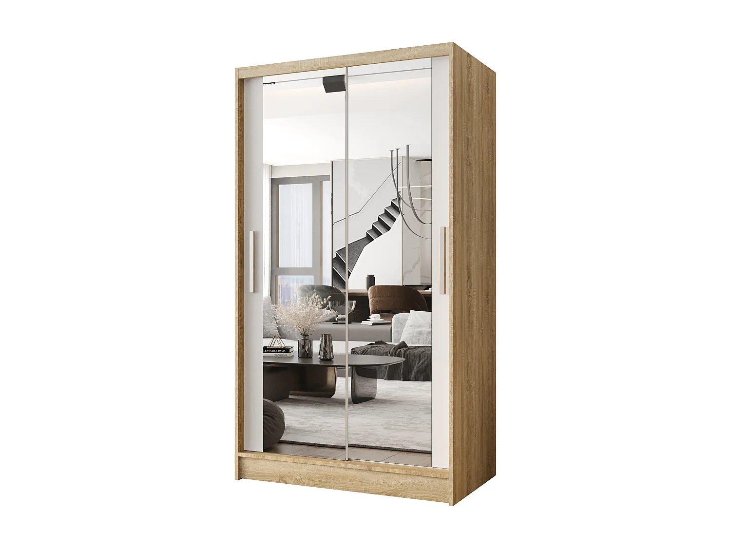 Zweitüriger Schiebeschrank mit Spiegel CHICAGO CA7, Regalböden und Kleiderstange (Sonoma/Weiß)