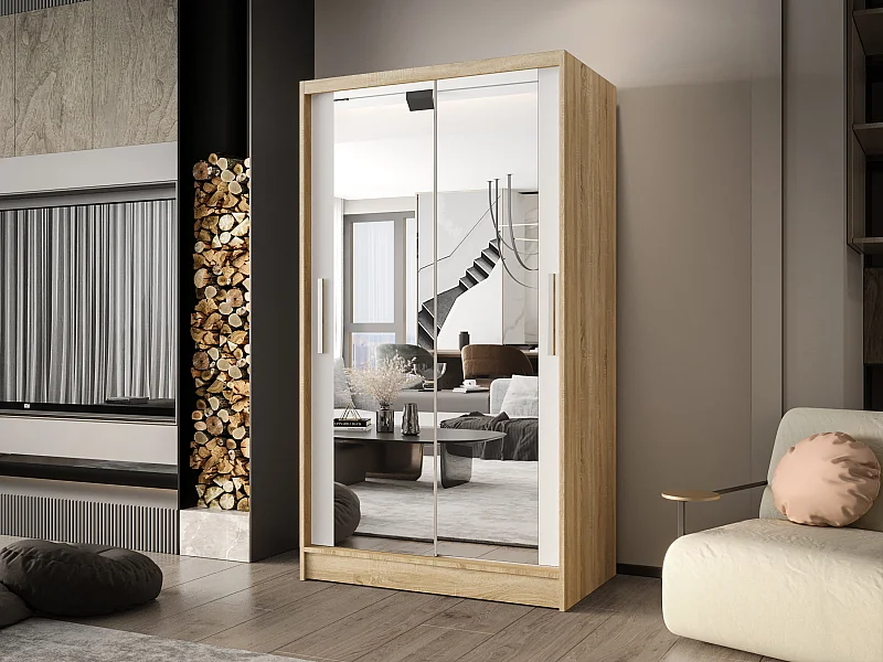 Zweitüriger Schiebeschrank mit Spiegel CHICAGO CA7, Regalböden und Kleiderstange (Sonoma/Weiß)