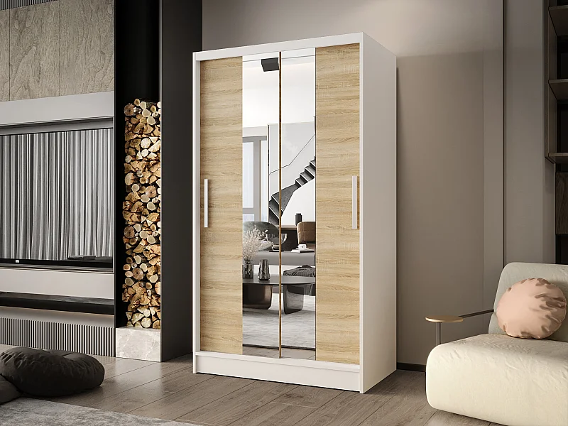 Zweitüriger Schiebeschrank mit Spiegel CHICAGO CA2, Regalböden und Kleiderstange (Weiß/Sonoma)