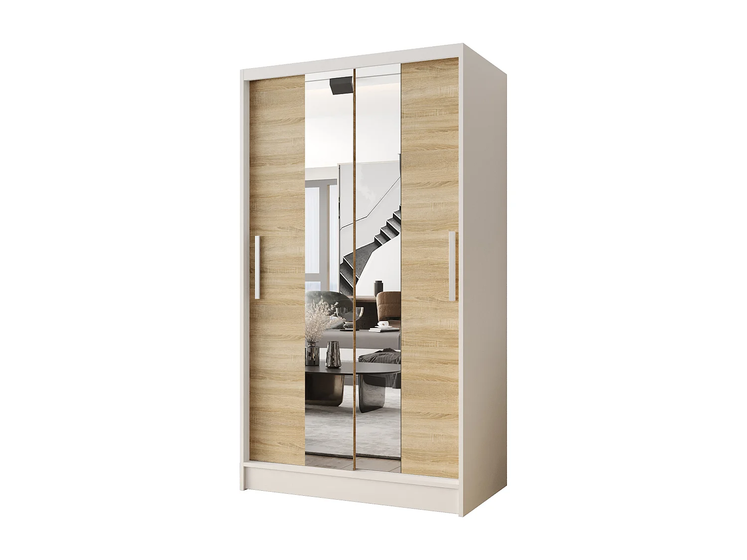 Zweitüriger Schiebeschrank mit Spiegel CHICAGO CA2, Regalböden und Kleiderstange (Weiß/Sonoma)