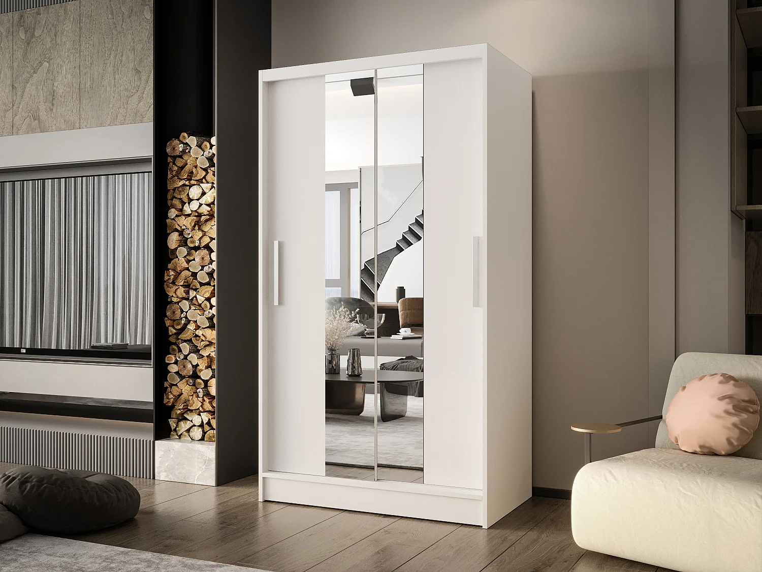 Zweitüriger Schiebeschrank mit Spiegel CHICAGO CA2, Regalböden und Kleiderstange (Weiß)