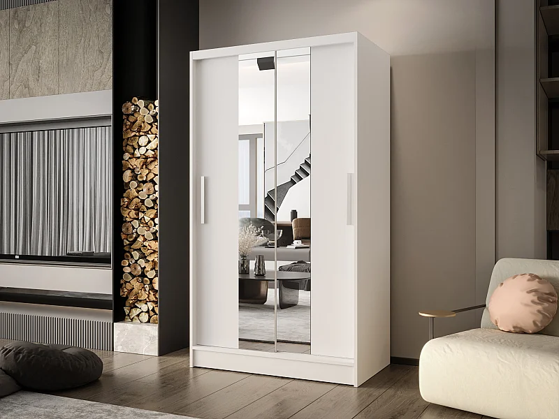 Zweitüriger Schiebeschrank mit Spiegel CHICAGO CA2, Regalböden und Kleiderstange (Weiß)
