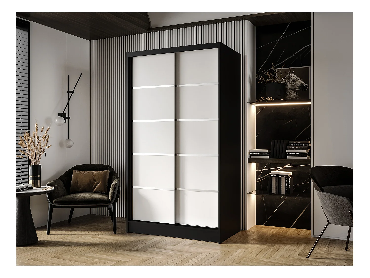 Zweitüriger Schiebeschrank DETROIT D4, Regalböden und Kleiderstange (Schwarz/Weiß)