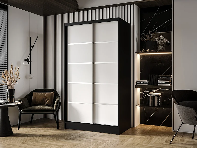 Zweitüriger Schiebeschrank DETROIT D4, Regalböden und Kleiderstange (Schwarz/Weiß)