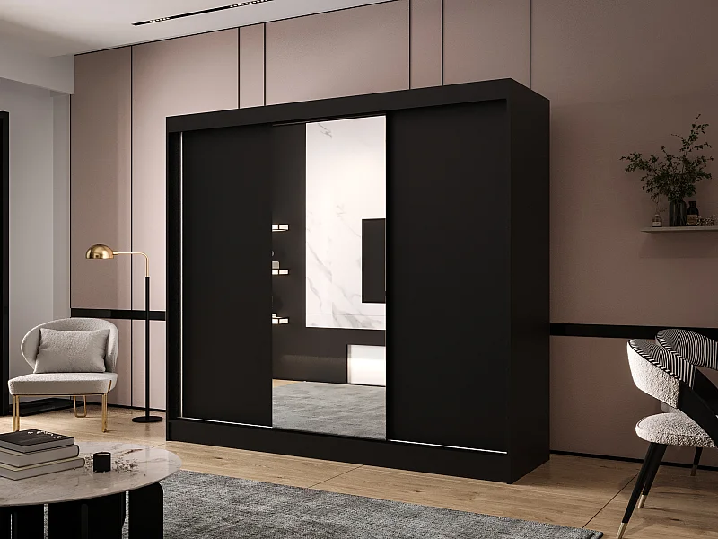 Dreitüriger Schiebeschrank mit Spiegel DALLAS DY1, Regalböden und Kleiderstange (Schwarz)