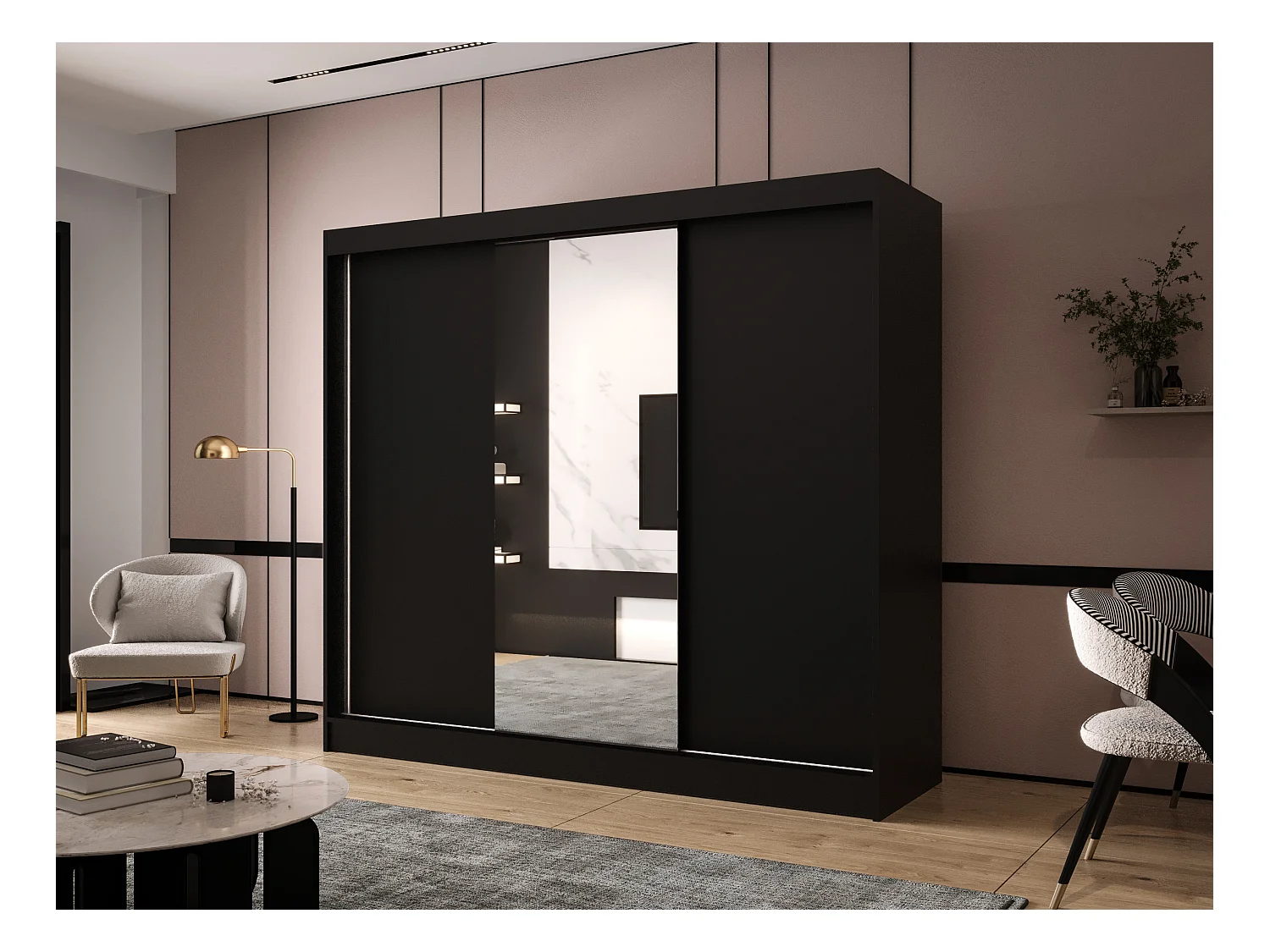 Dreitüriger Schiebeschrank mit Spiegel DALLAS DY1, Regalböden und Kleiderstange (Schwarz)