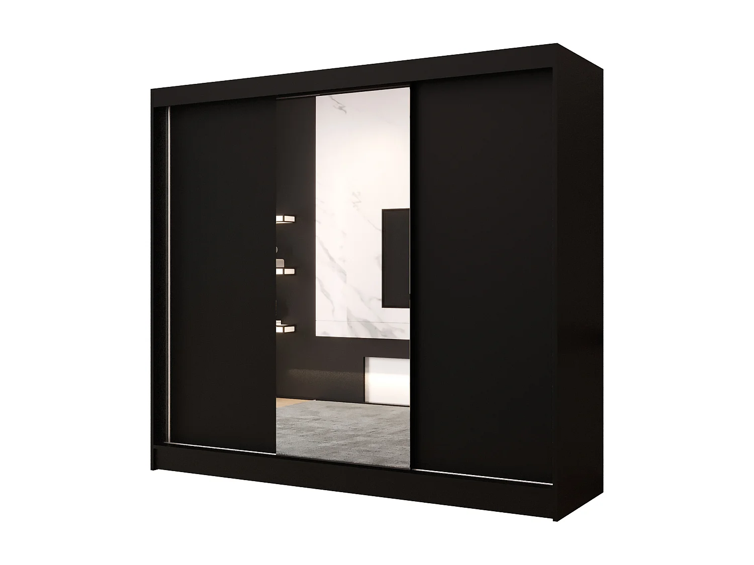 Dreitüriger Schiebeschrank mit Spiegel DALLAS DY1, Regalböden und Kleiderstange (Schwarz)