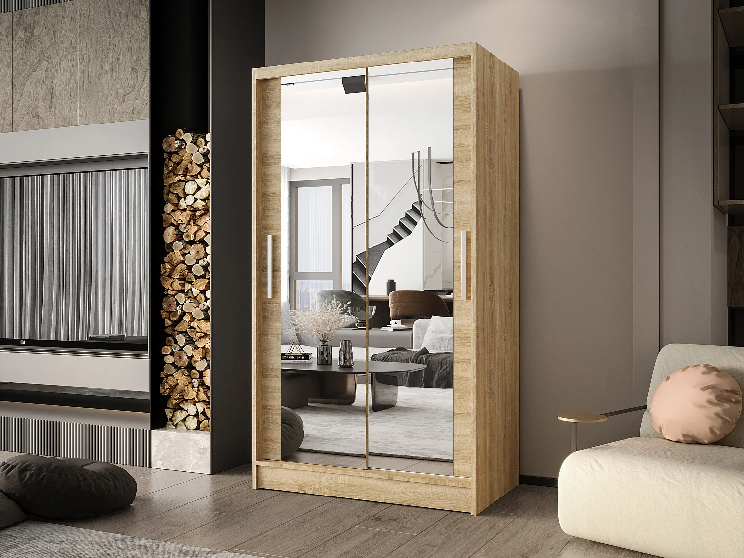 Zweitüriger Schiebeschrank mit Spiegel CHICAGO CA7, Regalböden und Kleiderstange (Sonoma)