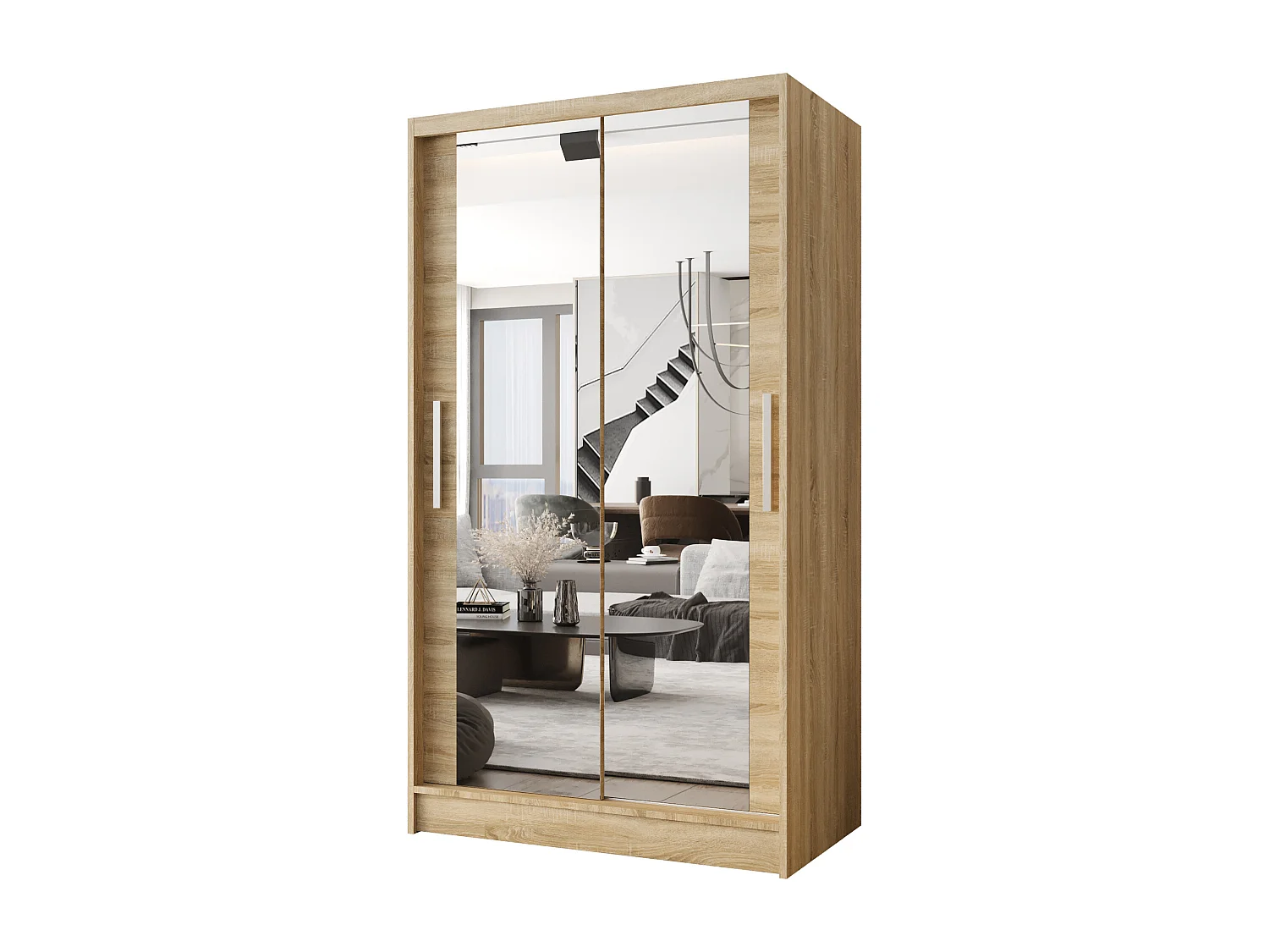 Zweitüriger Schiebeschrank mit Spiegel CHICAGO CA7, Regalböden und Kleiderstange (Sonoma)