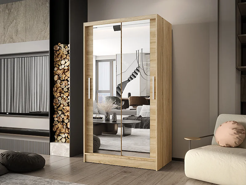 Zweitüriger Schiebeschrank mit Spiegel CHICAGO CA7, Regalböden und Kleiderstange (Sonoma)