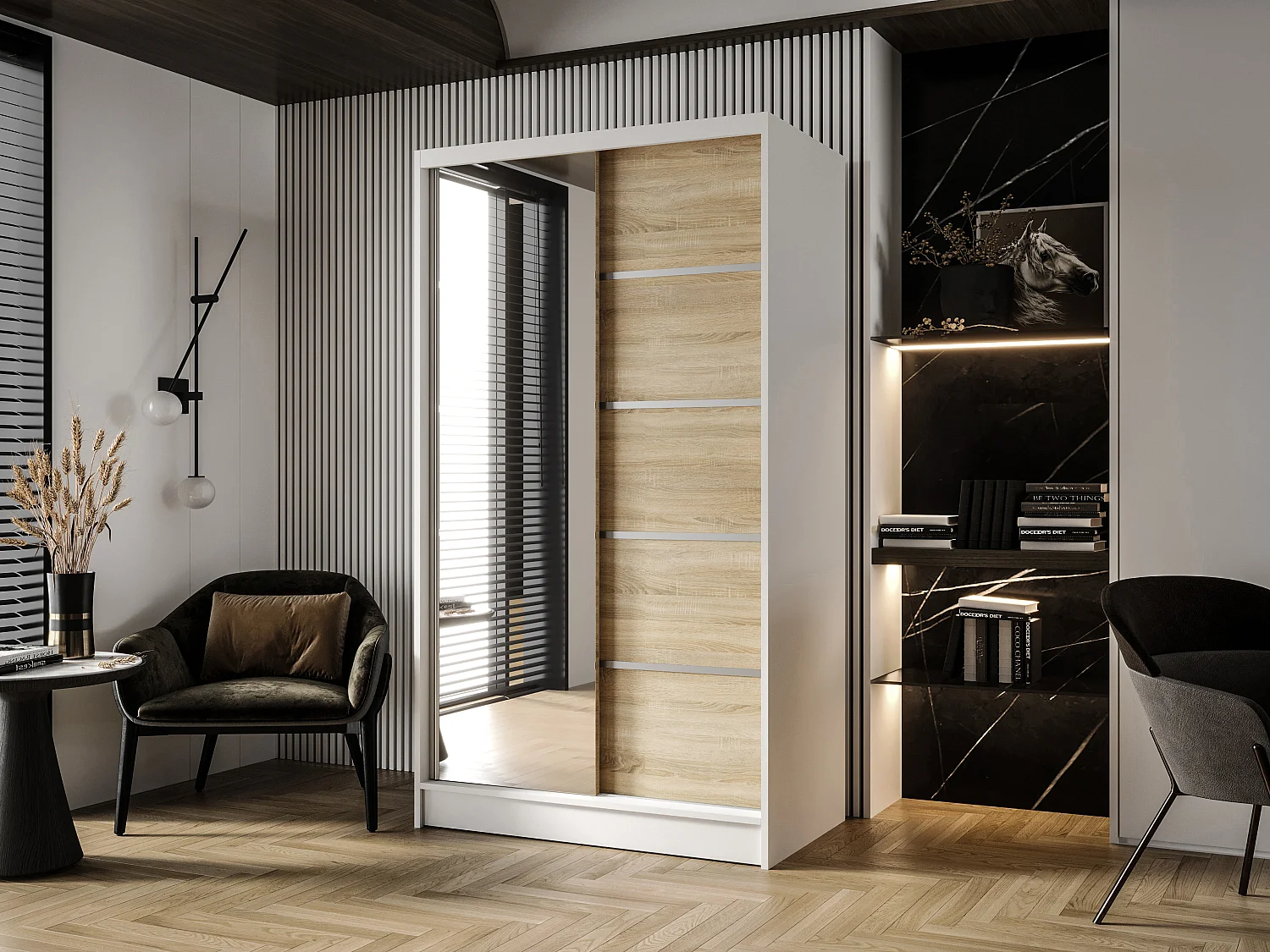 Zweitüriger Schiebeschrank mit Spiegel DETROIT D3, Regalböden und Kleiderstange (Weiß/Sonoma)