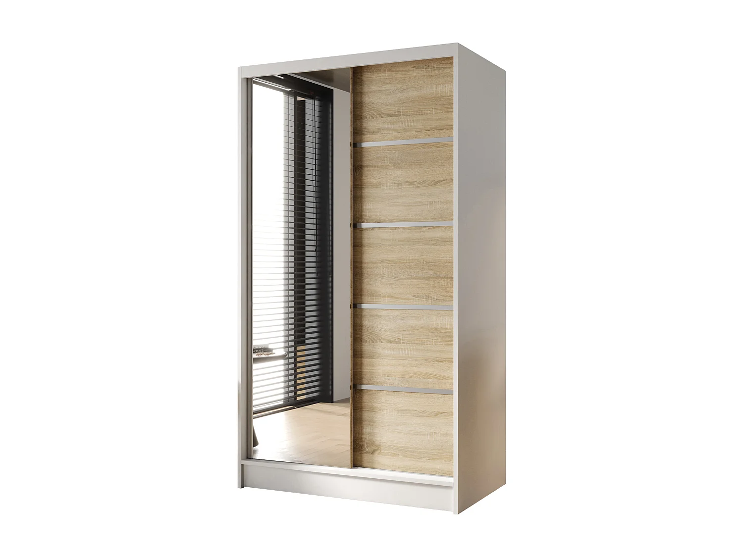 Zweitüriger Schiebeschrank mit Spiegel DETROIT D3, Regalböden und Kleiderstange (Weiß/Sonoma)