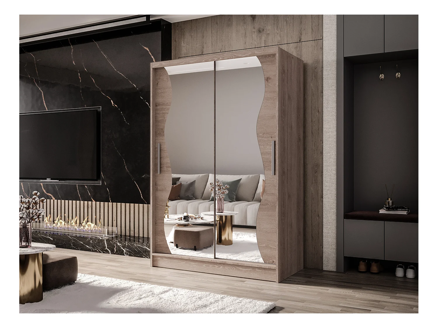 Zweitüriger Schiebeschrank mit Spiegel MESA MS Truffle mit Regalböden und Kleiderstange