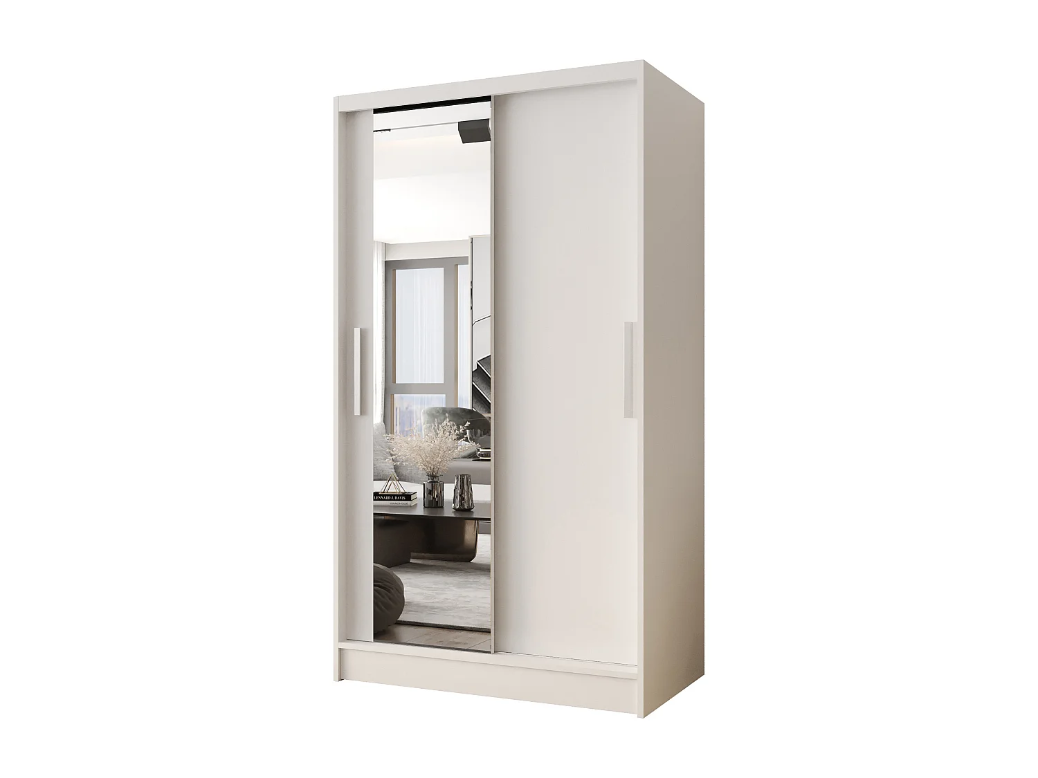 Zweitüriger Schiebeschrank mit Spiegel CHICAGO CA6, Regalböden und Kleiderstange (Weiß)