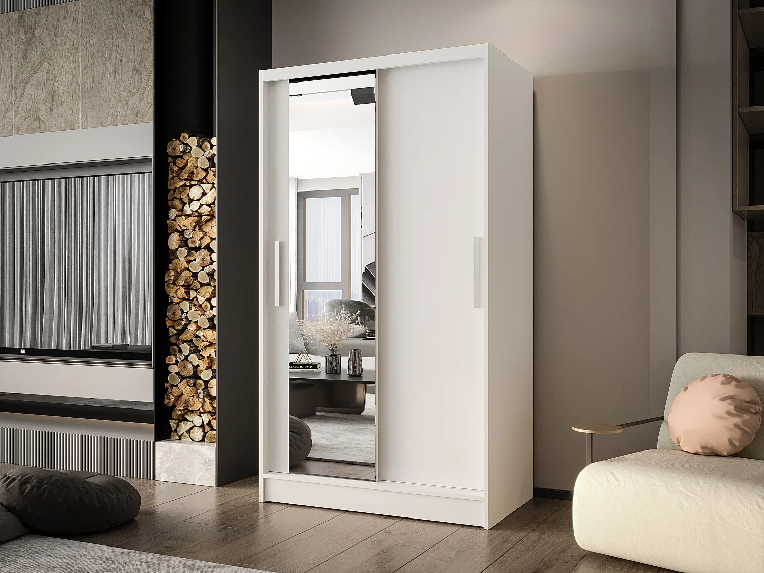 Zweitüriger Schiebeschrank mit Spiegel CHICAGO CA6, Regalböden und Kleiderstange (Weiß)