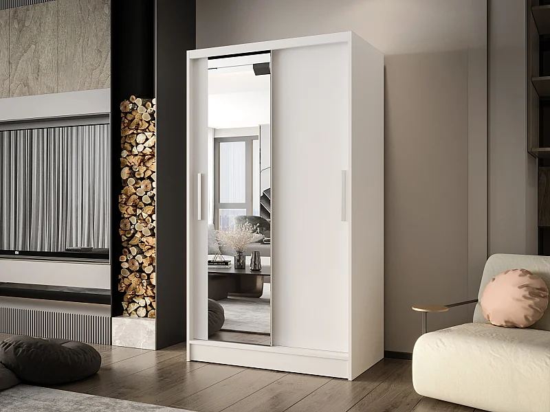 Zweitüriger Schiebeschrank mit Spiegel CHICAGO CA6, Regalböden und Kleiderstange (Weiß)