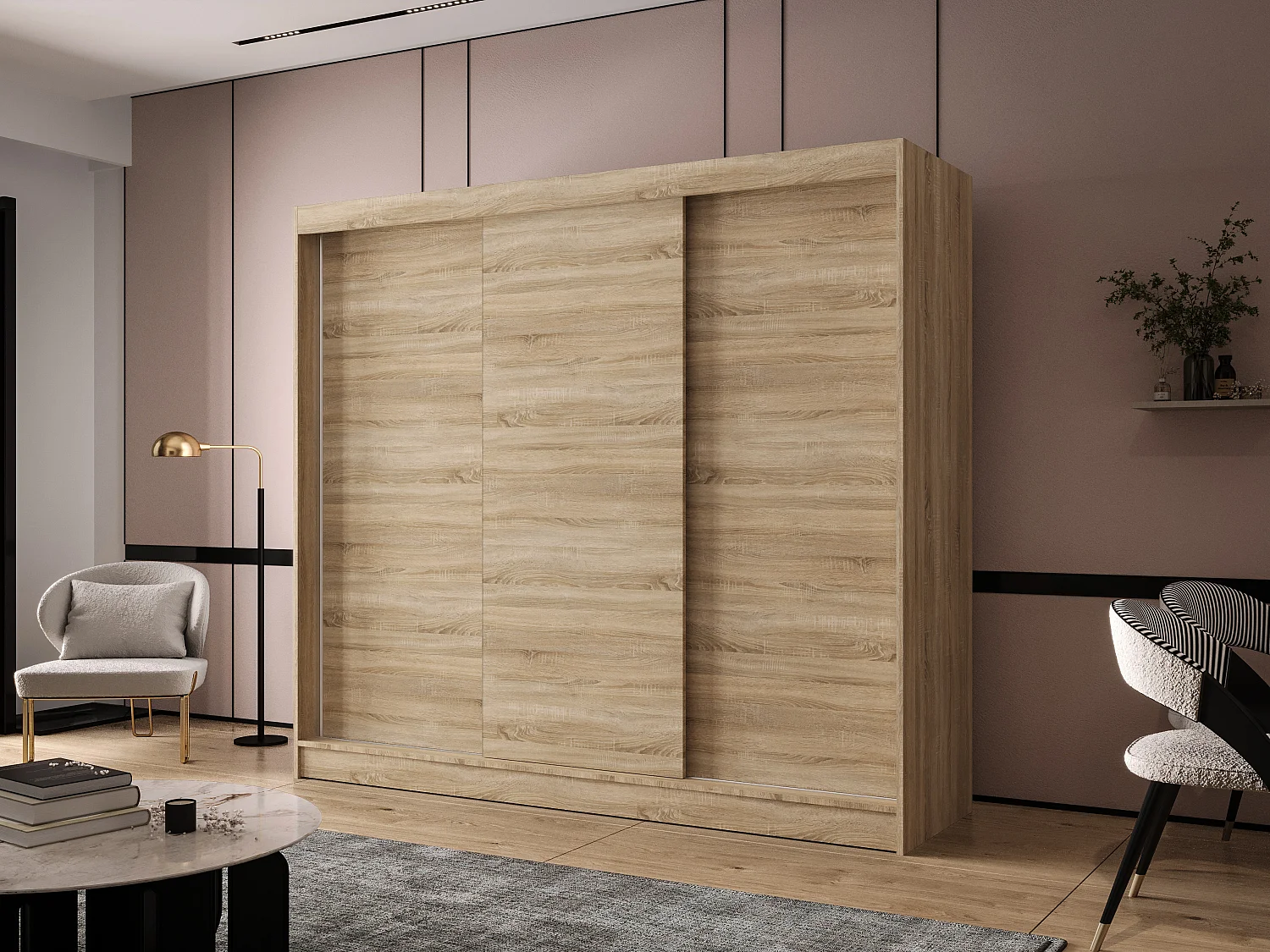 Dreitüriger Schiebeschrank DALLAS DY2, Regalböden und Kleiderstange (Sonoma)