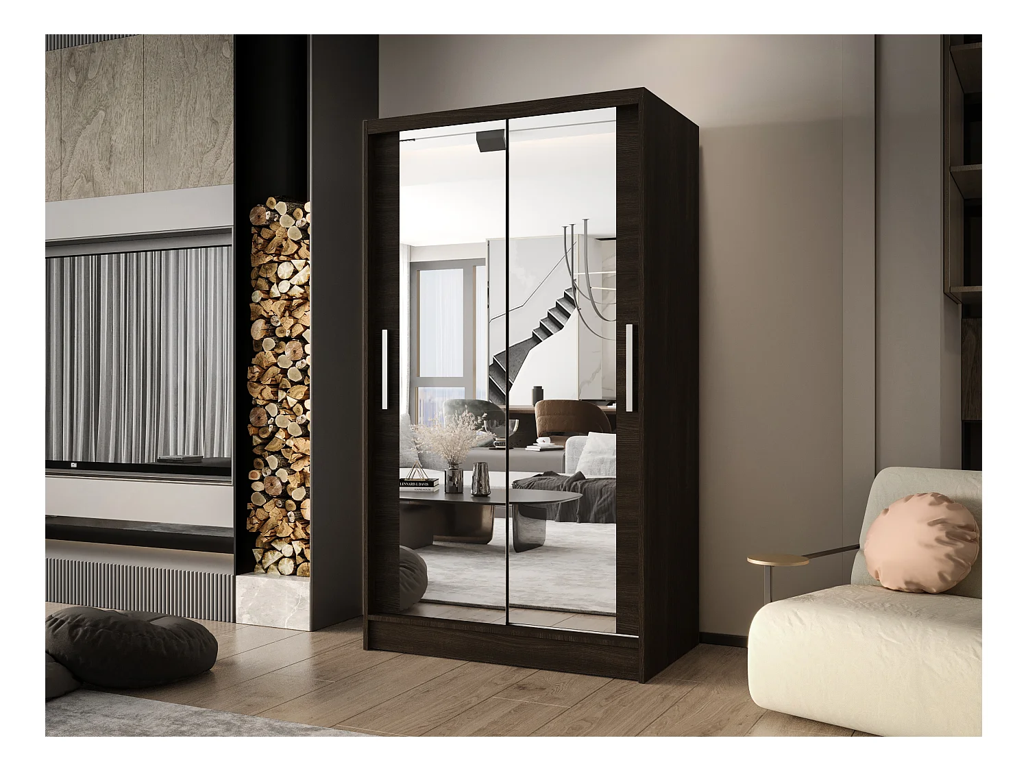 Zweitüriger Schiebeschrank mit Spiegel CHICAGO CA7, Regalböden und Kleiderstange (Choco)
