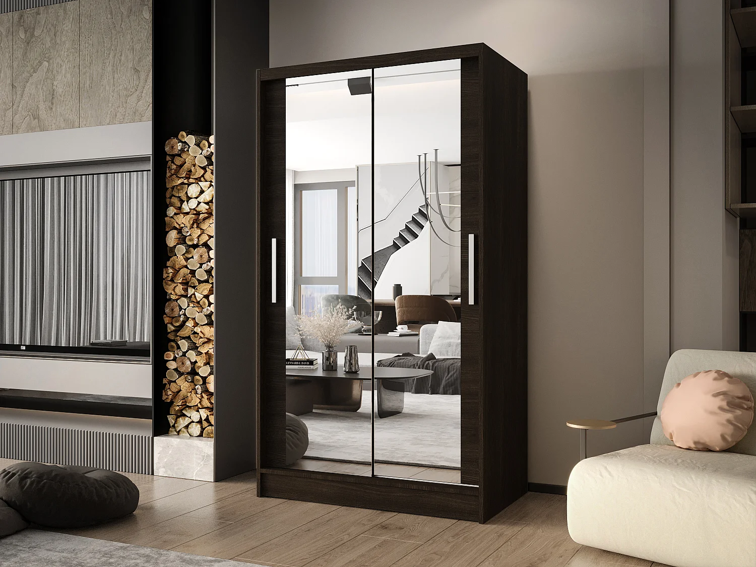 Zweitüriger Schiebeschrank mit Spiegel CHICAGO CA7, Regalböden und Kleiderstange (Choco)