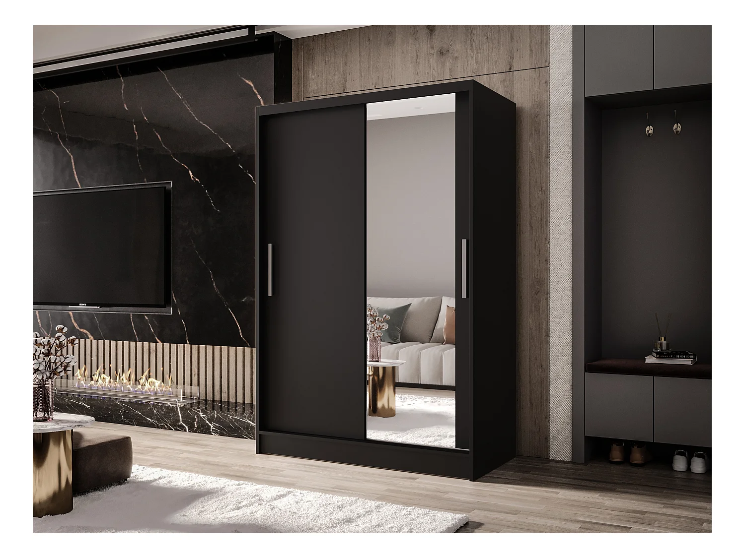 Zweitüriger Schiebeschrank mit Spiegel MESA M6 Schwarz mit Regalböden und Kleiderstange