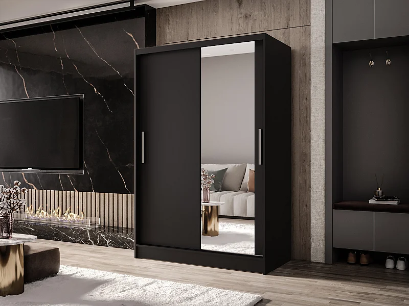 Zweitüriger Schiebeschrank mit Spiegel MESA M6 Schwarz mit Regalböden und Kleiderstange