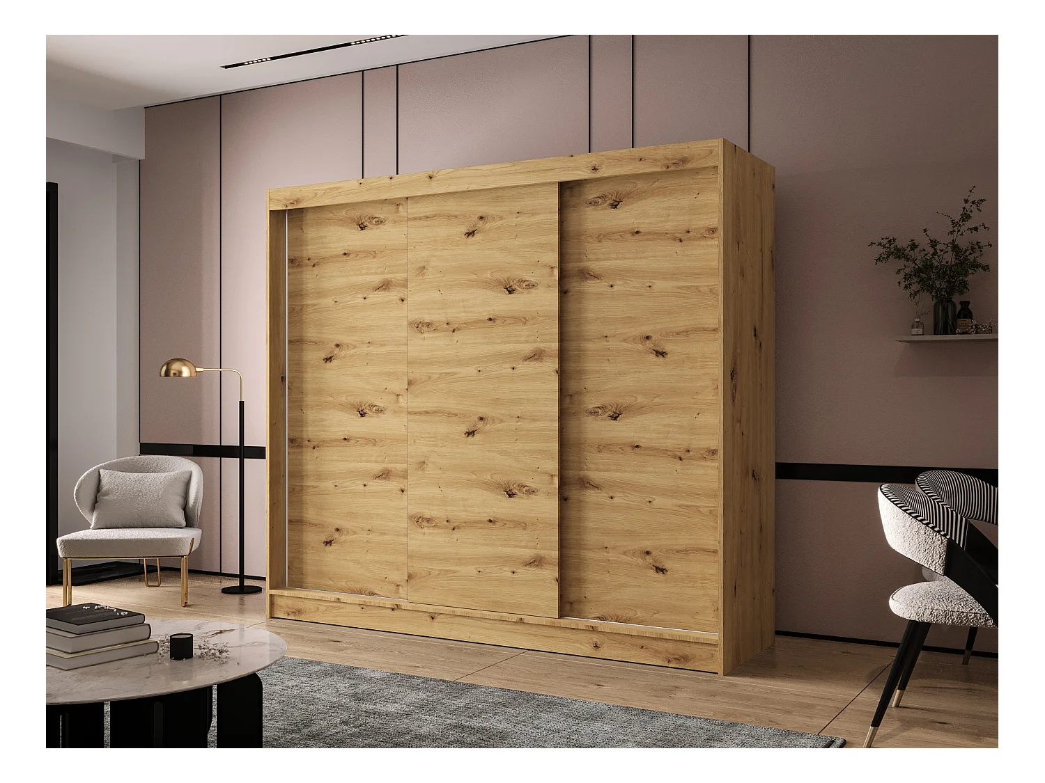 Dreitüriger Schiebeschrank DALLAS DY2, Regalböden und Kleiderstange (Artisan)