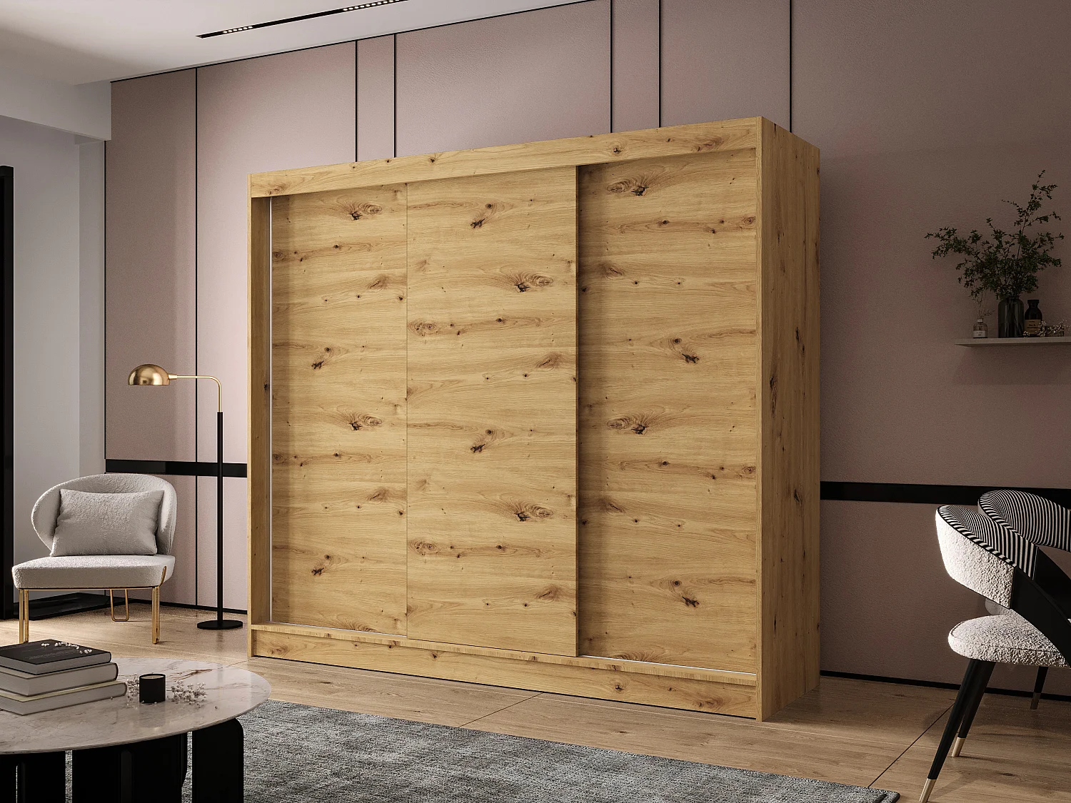 Dreitüriger Schiebeschrank DALLAS DY2, Regalböden und Kleiderstange (Artisan)