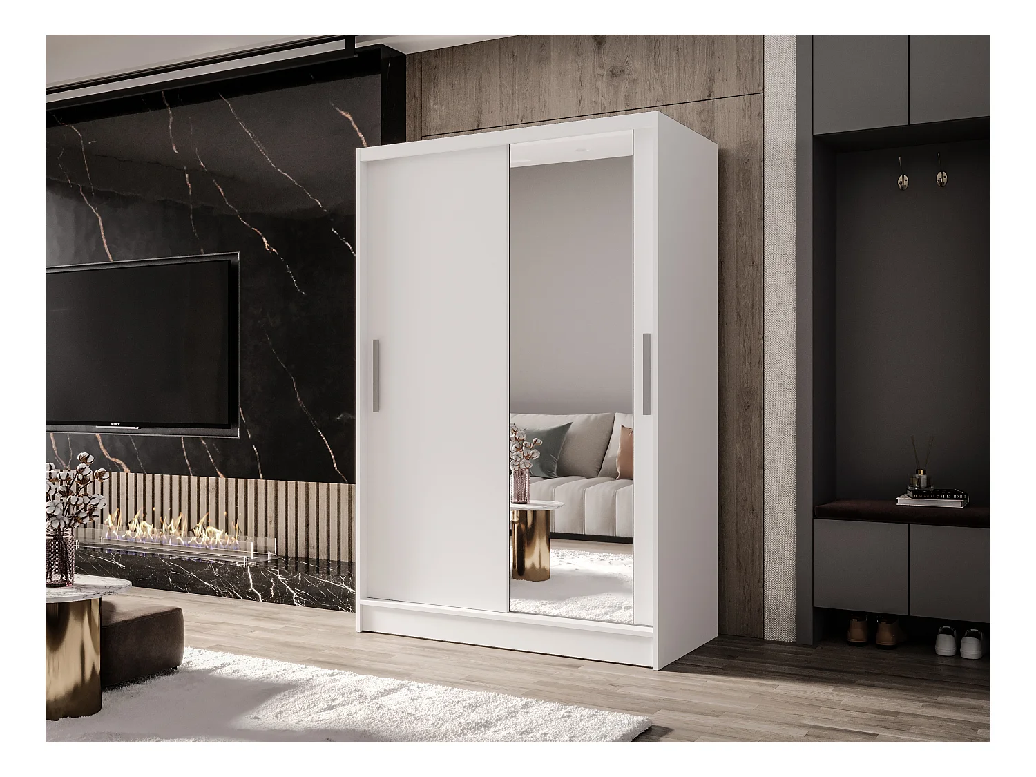 Zweitüriger Schiebeschrank mit Spiegel MESA M6 Weiß mit Regalböden und Kleiderstange