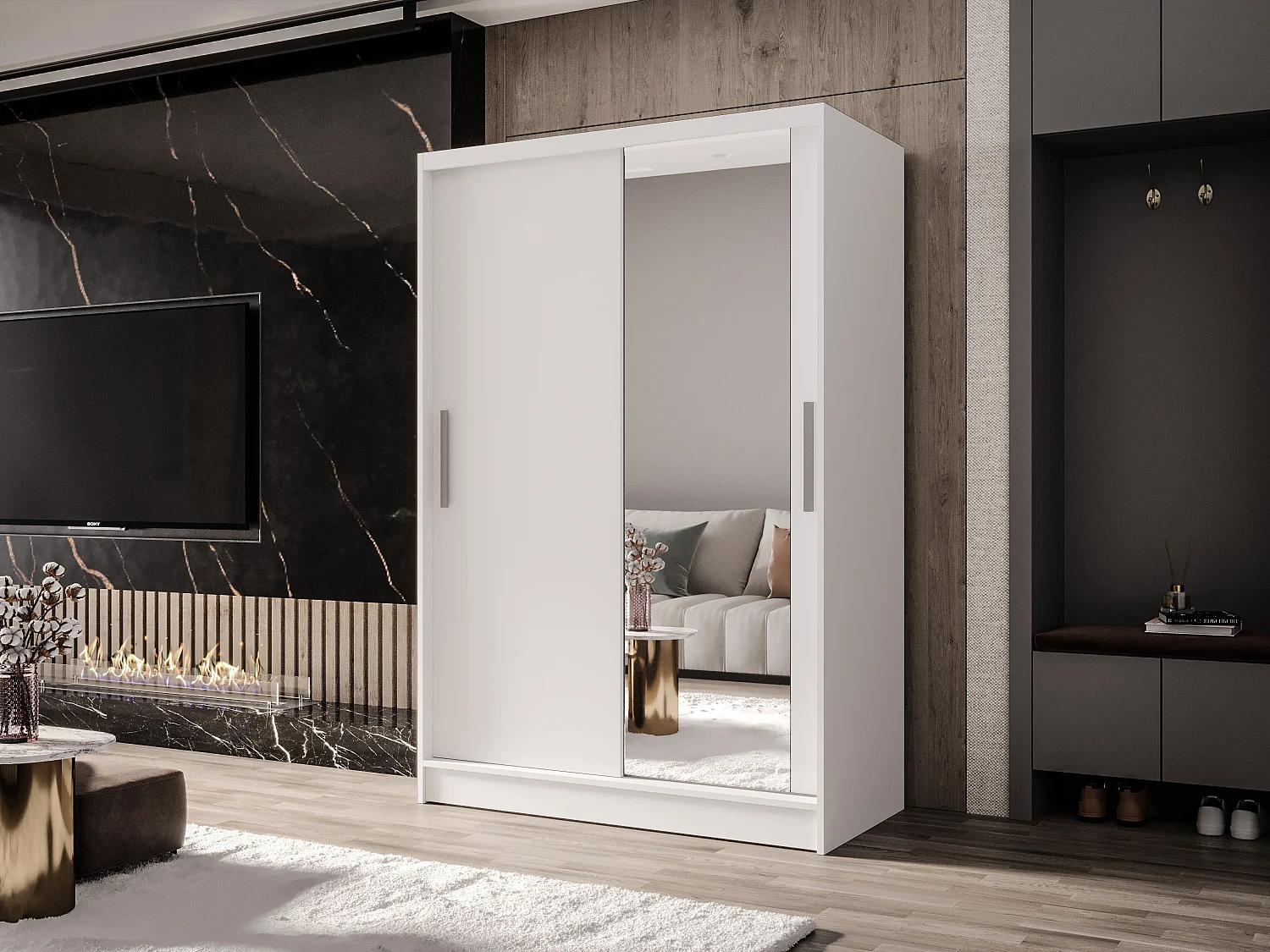 Zweitüriger Schiebeschrank mit Spiegel MESA M6 Weiß mit Regalböden und Kleiderstange