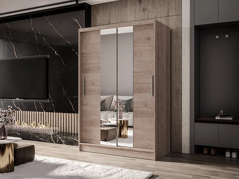 Zweitüriger Schiebeschrank mit Spiegel MESA M2 Truffle mit Regalböden und Kleiderstange